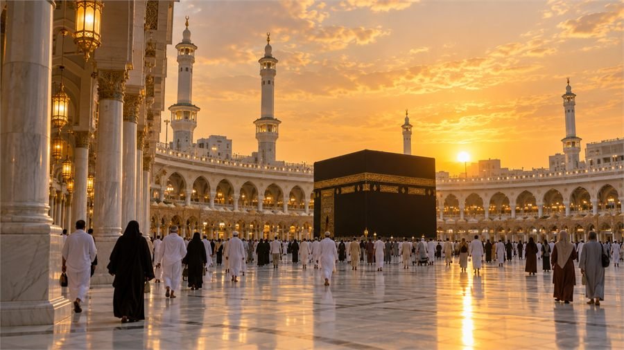 صورة توضيحية للكعبة المشرفة عند الغروب
